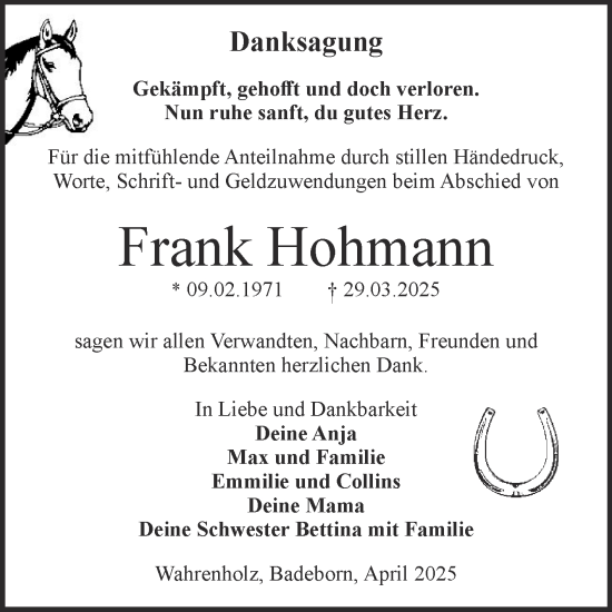 Traueranzeige von Frank Hohmann von Trauerkombi Quedlinburg