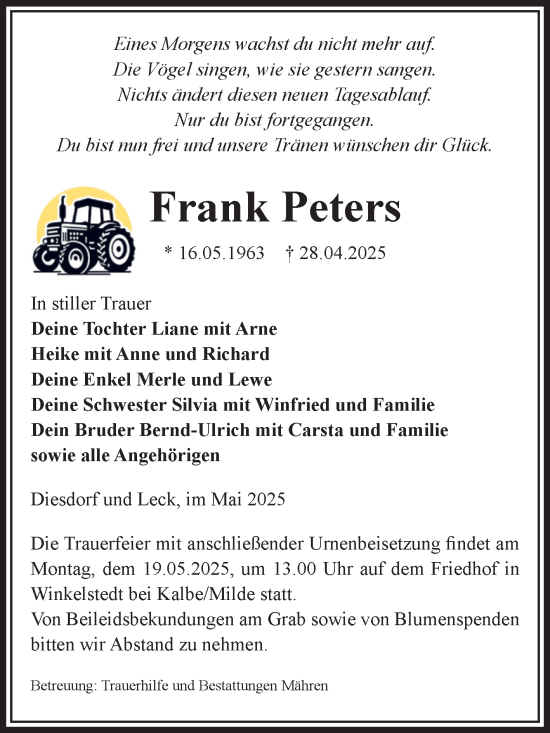 Traueranzeige von Frank Peters von Volksstimme Altmark West