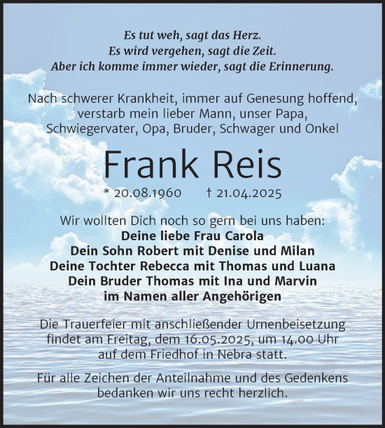 Traueranzeige von Frank Reis von Super Sonntag Naumburg/Nebra
