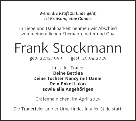 Traueranzeige von Frank Stockmann von Trauerkombi Wittenberg