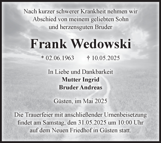 Traueranzeige von Frank Wedowski 