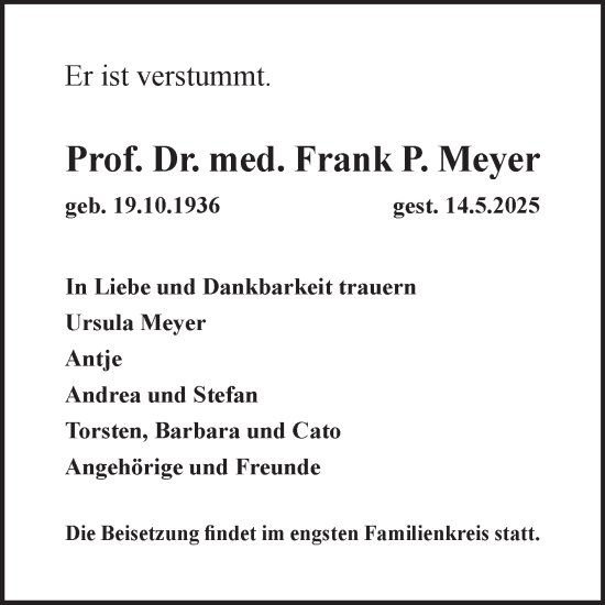 Traueranzeige von Frank P. Meyer von Volksstimme Oschersleben/Wanzleben