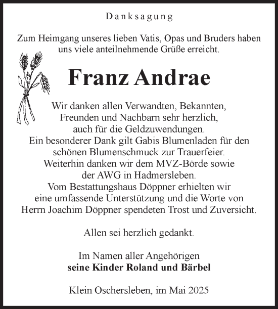 Traueranzeige von Franz Andrae von Volksstimme Oschersleben/Wanzleben