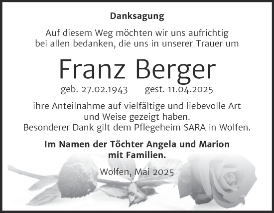 Traueranzeige von Franz Berger von Trauerkombi Bitterfeld