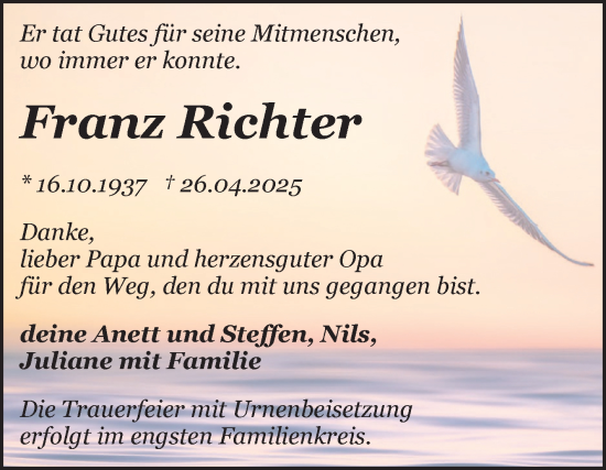 Traueranzeige von Franz Richter von Mitteldeutsche Zeitung Bitterfeld
