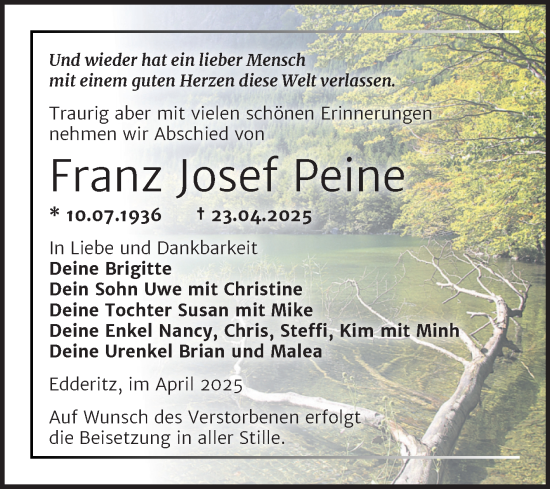 Traueranzeige von Franz Josef Peine von Trauerkombi Köthen