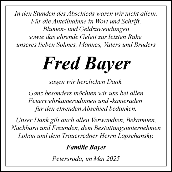 Traueranzeige von Fred Bayer von Trauerkombi Bitterfeld