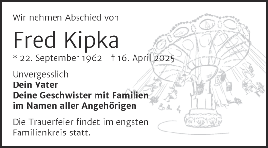 Traueranzeige von Fred Kipka von Trauerkombi Weißenfels