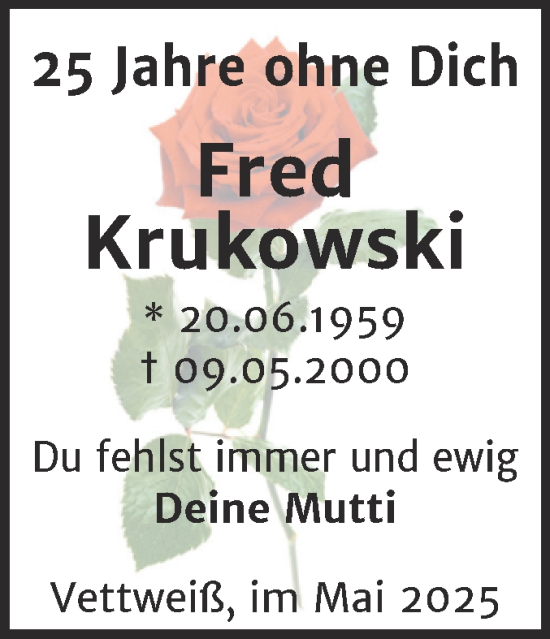 Traueranzeige von Fred Krukowski von Trauerkombi Wittenberg