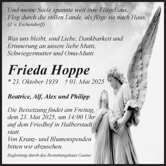 Traueranzeige von Frieda Hoppe von Volksstimme Halberstadt