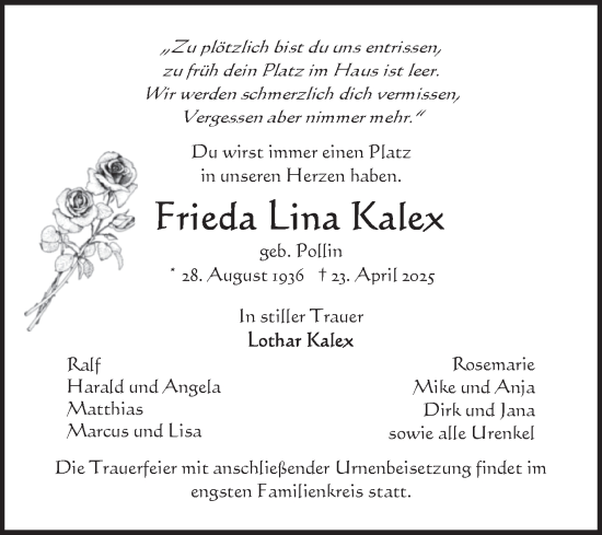Traueranzeige von Frieda Lina Kalex von Volksstimme Altmark Ost