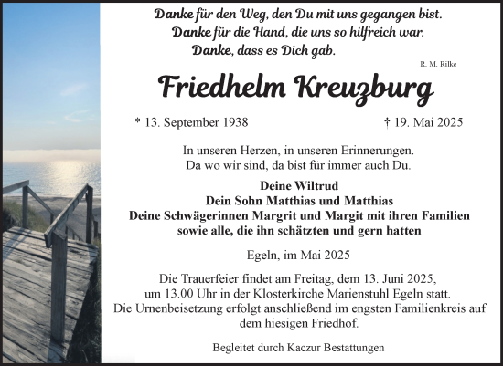 Traueranzeige von Friedhelm Kreugburg 