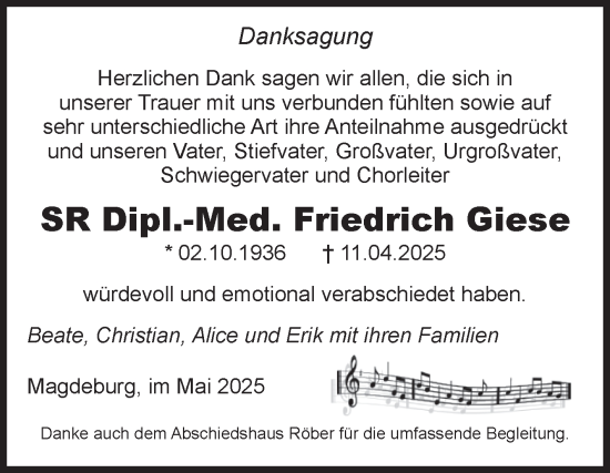 Traueranzeige von Friedrich Giese von Mitteldeutsche Zeitung Dessau-Roßlau