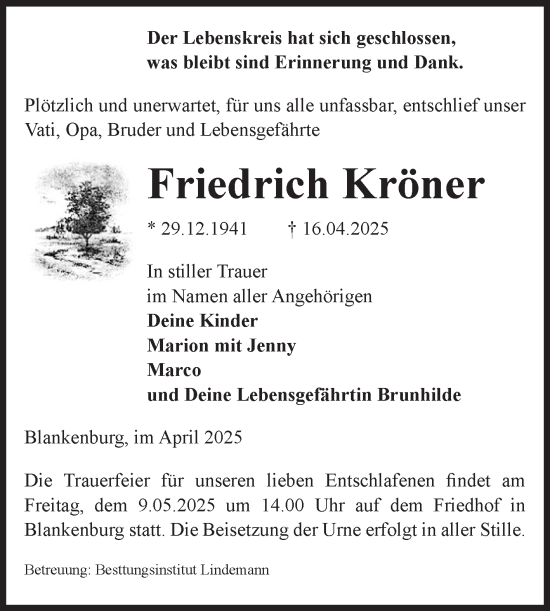 Traueranzeige von Friedrich Kröner von Volksstimme Wernigerode