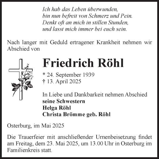 Traueranzeige von Friedrich Röhl von Volksstimme Altmark Ost