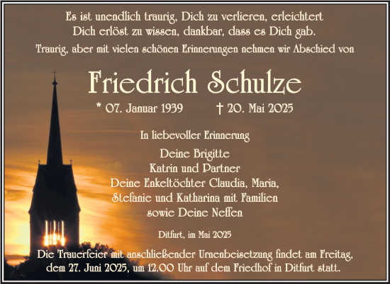 Traueranzeige von Friedrich Schulze von Trauerkombi Quedlinburg