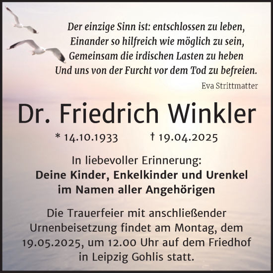 Traueranzeige von Friedrich Winkler von Trauerkombi Merseburg