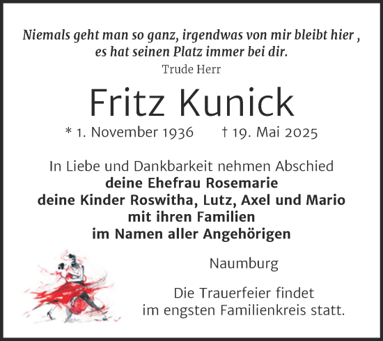 Traueranzeige von Fritz Kunick von Naumburger Tageblatt