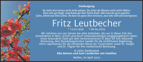 Traueranzeige von Fritz Leutbecher von Trauerkombi Köthen