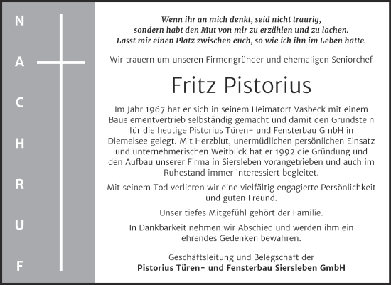 Traueranzeige von Fritz Pistorius von Mitteldeutsche Zeitung Halle/Saalkreis