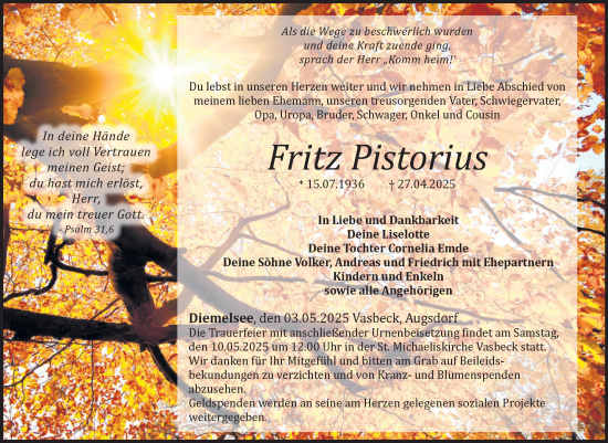 Traueranzeige von Fritz Pistorius von Mitteldeutsche Zeitung Mansfelder Land