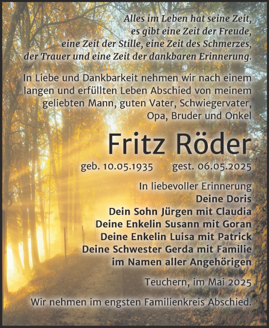Traueranzeige von Fritz Röder von Trauerkombi Weißenfels