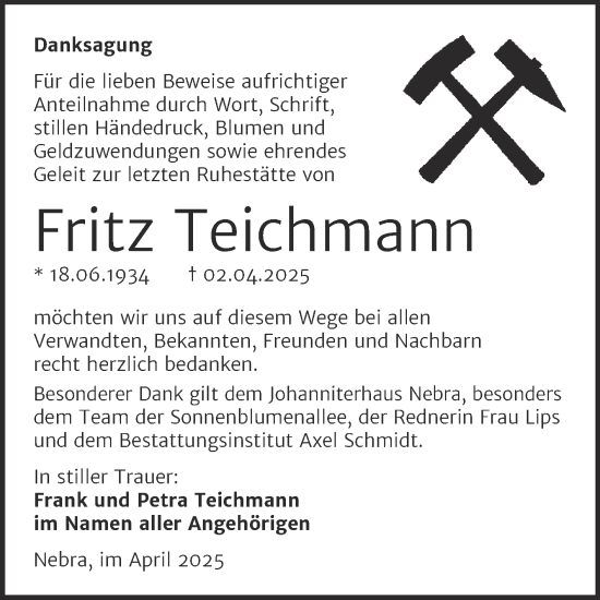 Traueranzeige von Fritz Teichmann von Super Sonntag Naumburg/Nebra