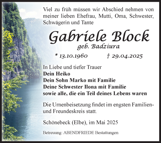 Traueranzeige von Gabriele Block von Volksstimme Schönebeck