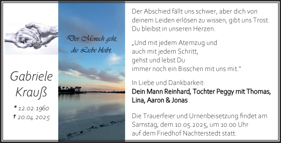 Traueranzeige von Gabriele Krauß von Trauerkombi Aschersleben