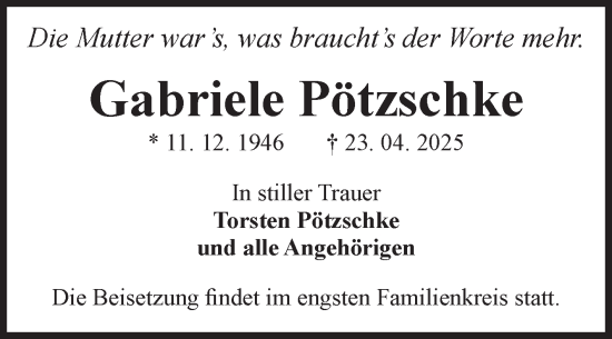 Traueranzeige von Gabriele Pötzschke von Volksstimme Zerbst
