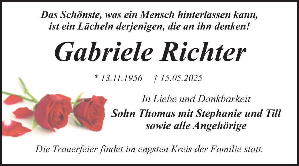  Traueranzeige für Gabriele Richter vom 24.05.2025 aus Trauerkombi Dessau