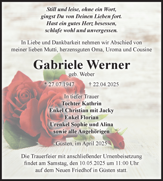 Traueranzeige von Gabriele Werner 