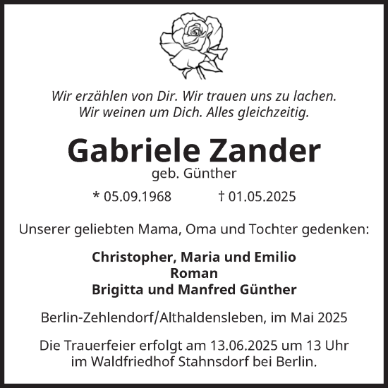 Traueranzeige von Gabriele Zander von Volksstimme Haldensleben/Wolmirstedt
