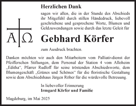 Traueranzeige von Gebhard Körfer von Volksstimme Magdeburg