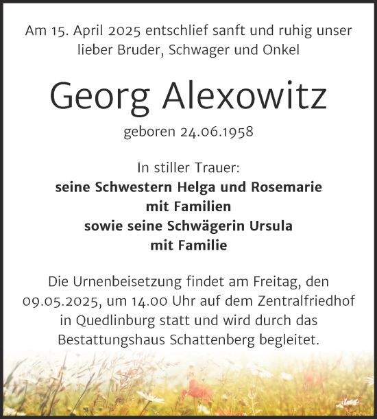 Traueranzeige von Georg Alexowitz von Trauerkombi Quedlinburg