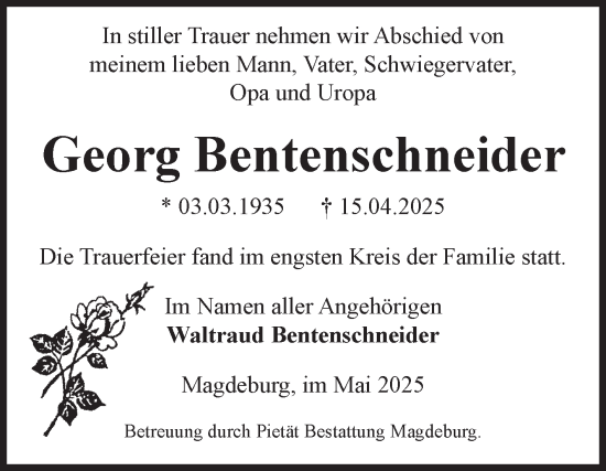 Traueranzeige von Georg Bentenschneider von Volksstimme Magdeburg