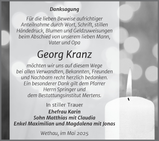 Traueranzeige von Georg Kranz von Super Sonntag Naumburg/Nebra