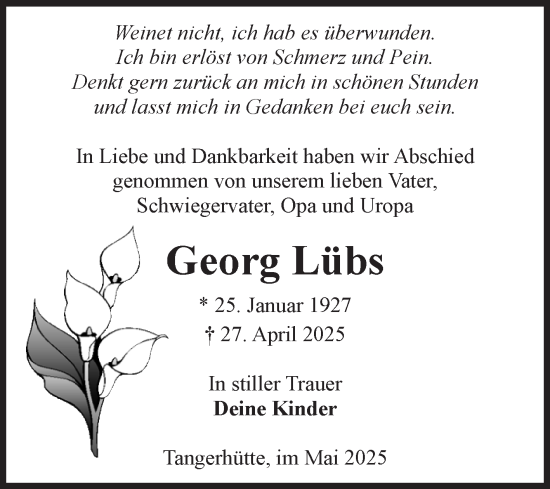 Traueranzeige von Georg Lübs von Volksstimme Altmark Ost