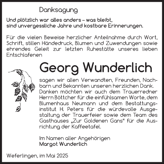 Traueranzeige von Georg Wunderlich von Volksstimme Haldensleben/Wolmirstedt