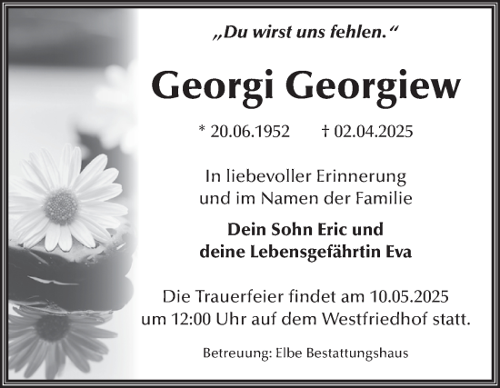 Traueranzeige von Georgi Georgiew von Volksstimme Magdeburg