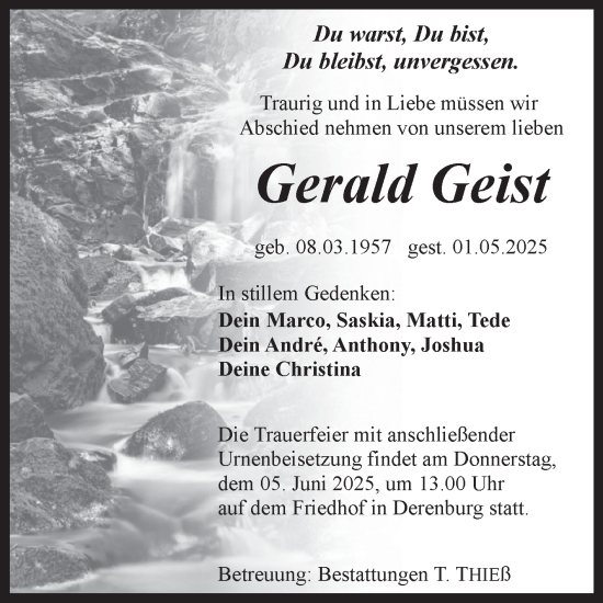 Traueranzeige von Gerald Geist von Volksstimme Wernigerode