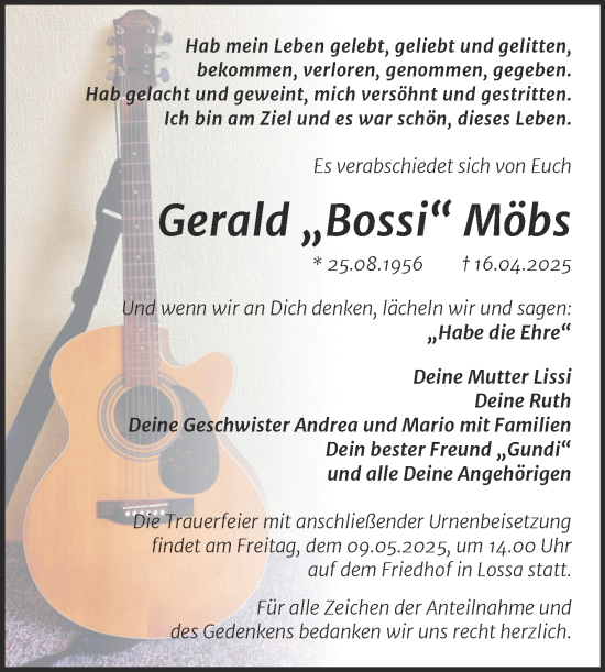 Traueranzeige von Gerald Möbs von Super Sonntag Naumburg/Nebra