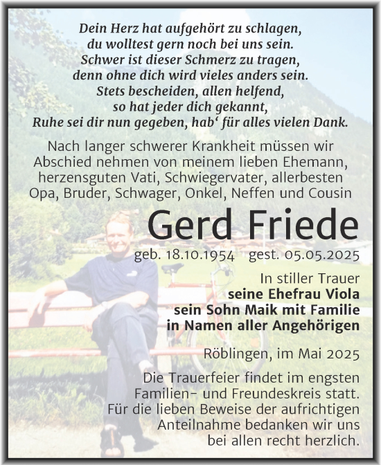 Traueranzeige von Gerd Friede von Trauerkombi Mansfelder Land