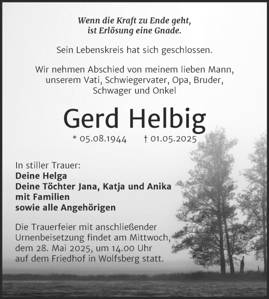 Traueranzeige von Gerd Helbig von Trauerkombi Sangerhausen