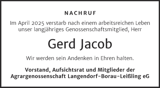 Traueranzeige von Gerd Jacob von Mitteldeutsche Zeitung Weißenfels