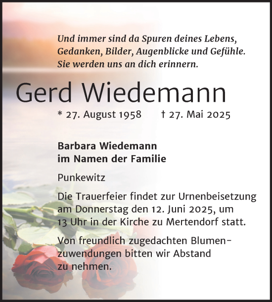 Traueranzeige von Gerd Wiedemann von Naumburger Tageblatt