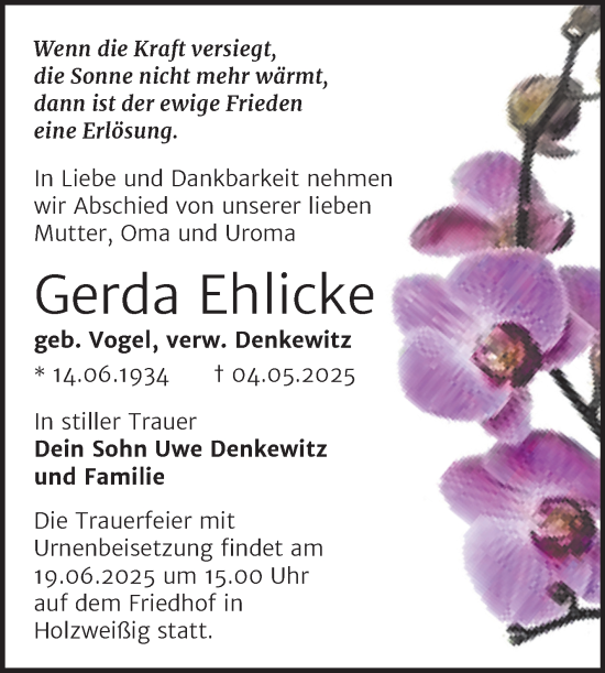 Traueranzeige von Gerda Ehlicke von Trauerkombi Bitterfeld