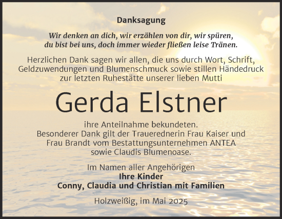 Traueranzeige von Gerda Elstner von Trauerkombi Bitterfeld