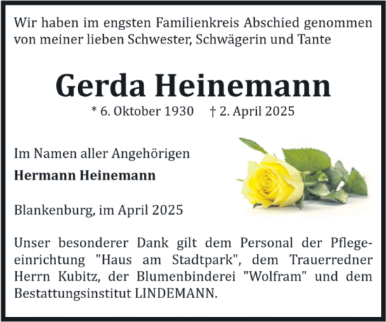 Traueranzeige von Gerda Heinemann von Volksstimme Wernigerode