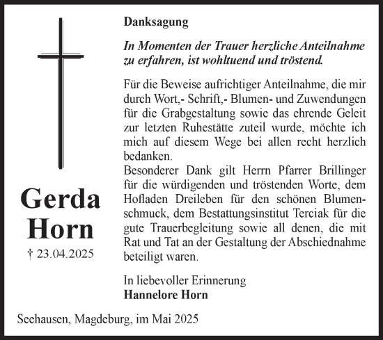 Traueranzeige von Gerda Horn von Volksstimme Oschersleben/Wanzleben